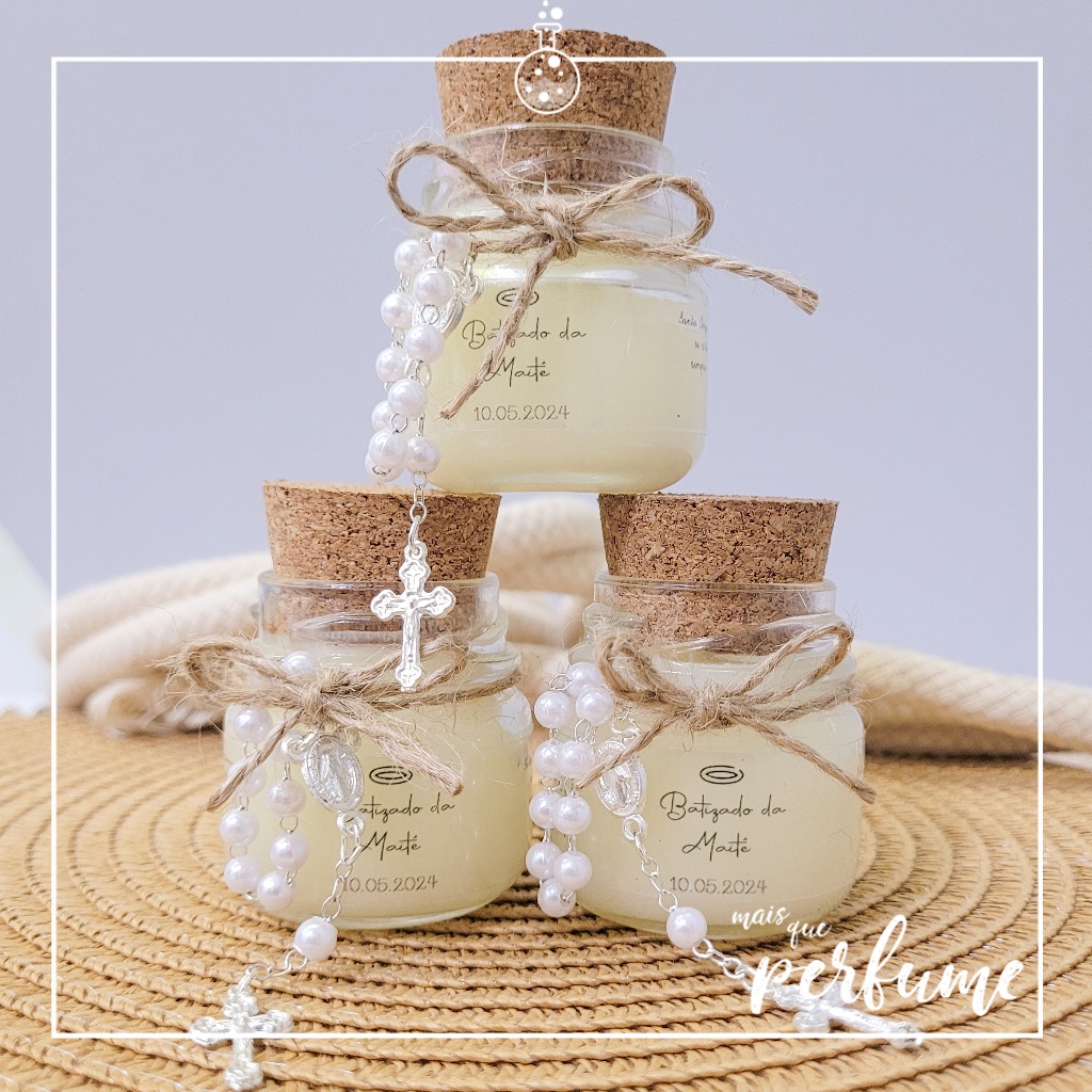 10 Velas Perfumadas + Mini Terço - Lembrancinha Batizado - Batismo - Lembrancinha de Maternidade
