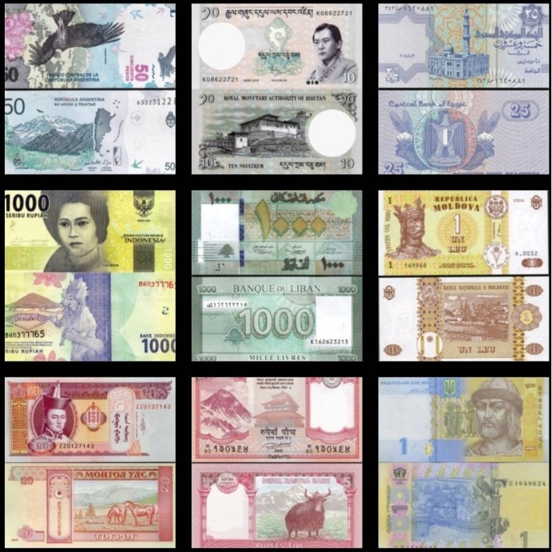 Lote com 9 cédulas FE estrangeiras sem repetir países