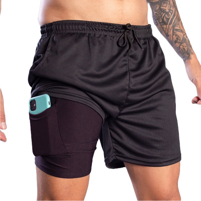 Kit com 2 Bermuda 2 Em 1 Shorts Masculino Dry Fit Run Academia Fitness Esportiva