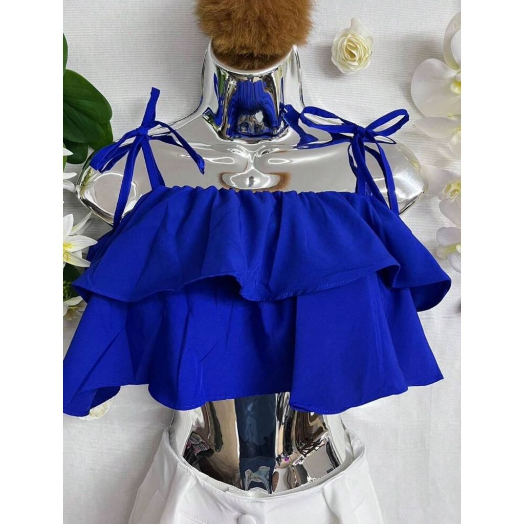 Top feminino com bainha franzida CROPPED EM CAMADAS COM AMARRAÇÃO MODA