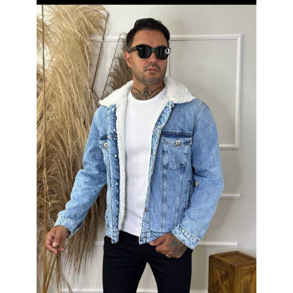 Jaqueta Jeans Masculina Com Forro Por Dentro. Manga Longa De Bolsos Com Botão Para o Inverno Exclusiva em Oferta na Shopee