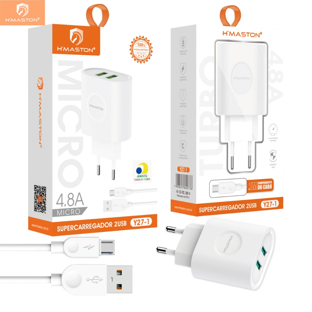 H'maston Y27 Carregador Turbo 2 Usb 4.8A Com Cabo V8 em Oferta na Shopee