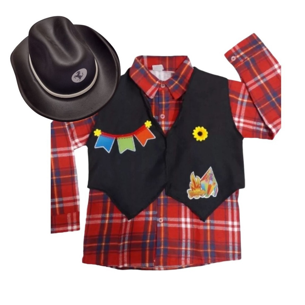 Roupa De Festa Junina Camisa Xadrez Manga Longa Infantil Menino C/ Colete Junino E Chapéu