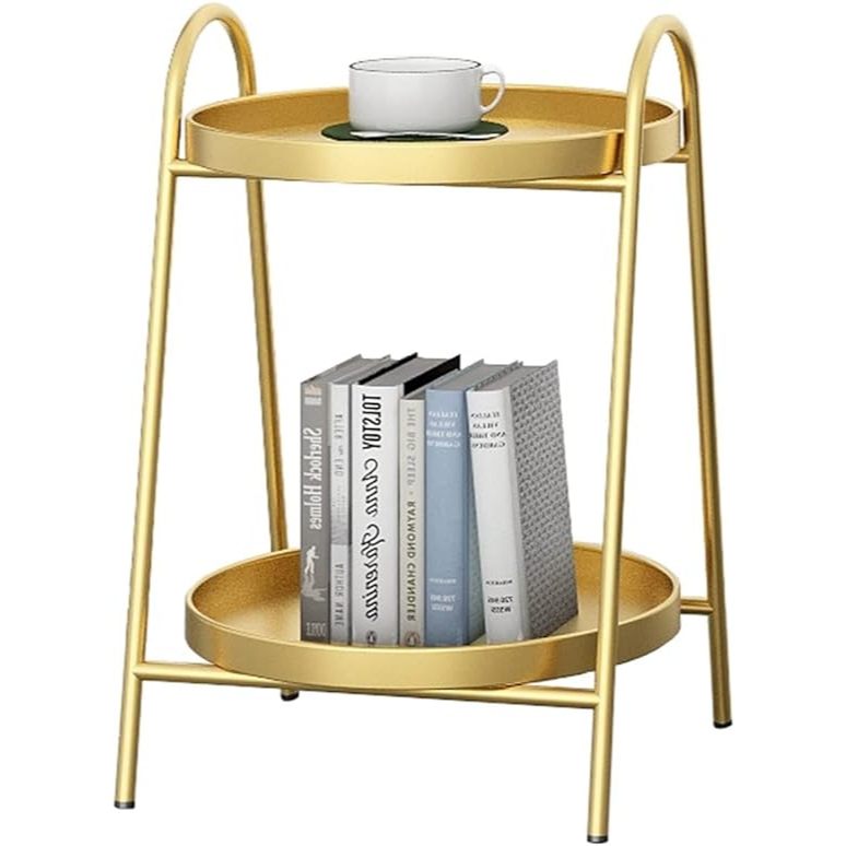 Mesa de Canto Lateral Duas Camadas Metal Dourado Quarto Sala de Estar Varanda Escritório E...