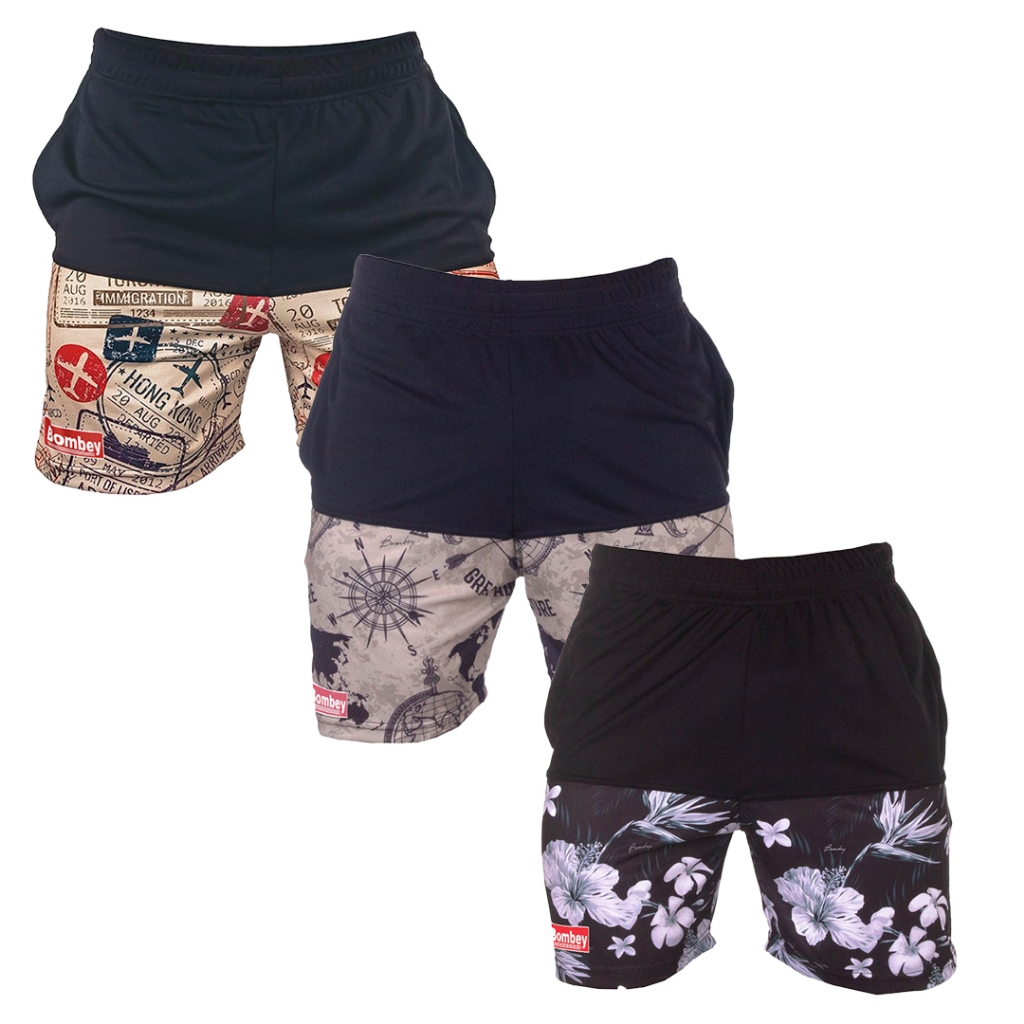 Kit com 3 Shorts Bermudas Masculinos Calção Estampado em Dry Fit - Bombey