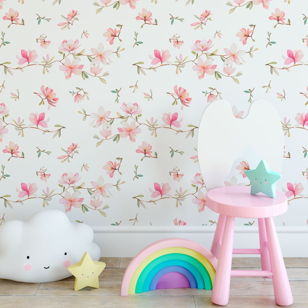 Papel de Parede Adesivo Floral Magnolia Rosa Delicado Ramos Vinil Adesivo Lavável Quarto Premium