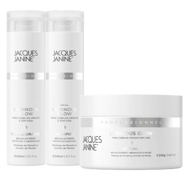 Kit Jacques Janine Luminous Glow Shampoo Condicionador 240ml Máscara Hidratação 240g em Oferta na Shopee