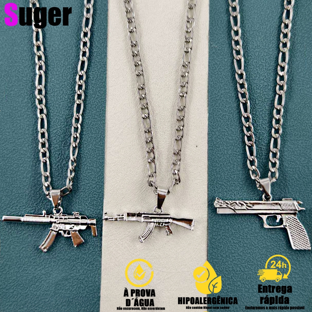Kit Corrente e Pulseira Masculino 3x1 Metralhadora MP5 - Corrente Banhada a Prata em Aço Inoxidável