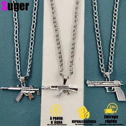 Kit Corrente e Pulseira Masculino 3x1 Metralhadora MP5 - Corrente Banhada a Prata em Aço Inoxidável