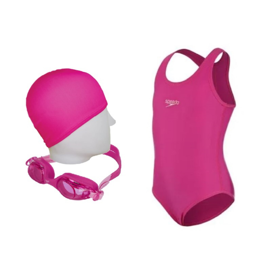Kit Natação Speedo Maiô Vital Infantil Lycra + Óculos Jr Olympic + Touca Tecido 4 a 12 Anos