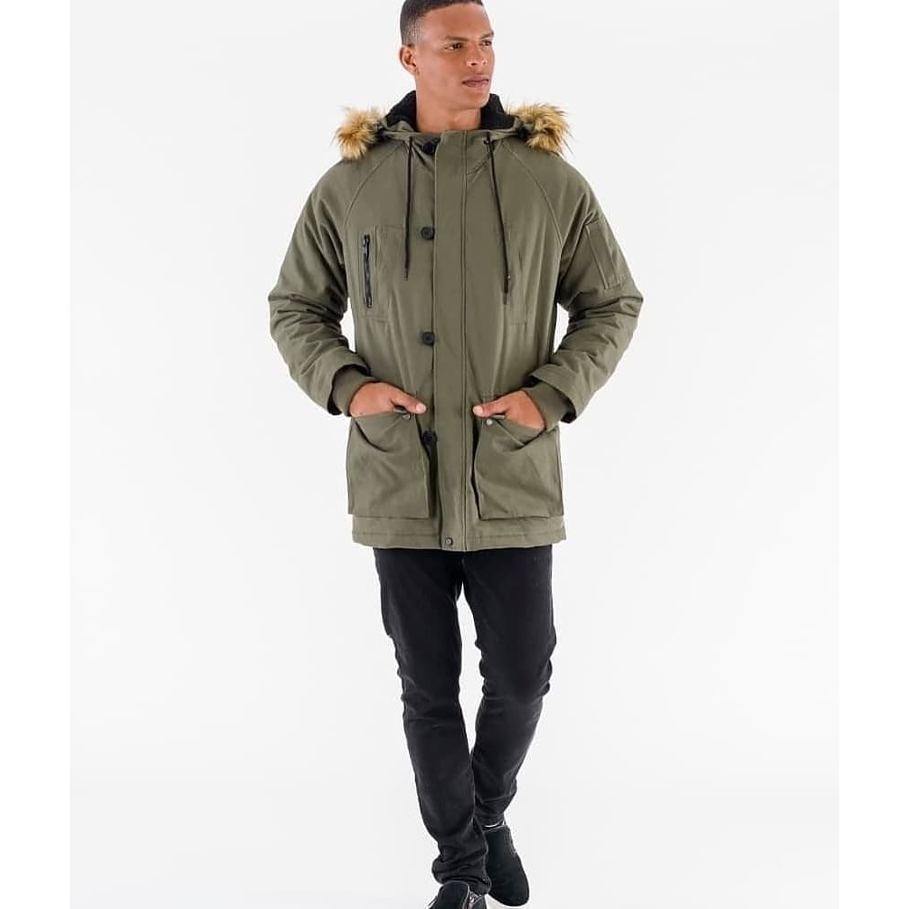 Jaqueta Masculina Sarja Forrada Parka Sarja Verde Militar Fluffy