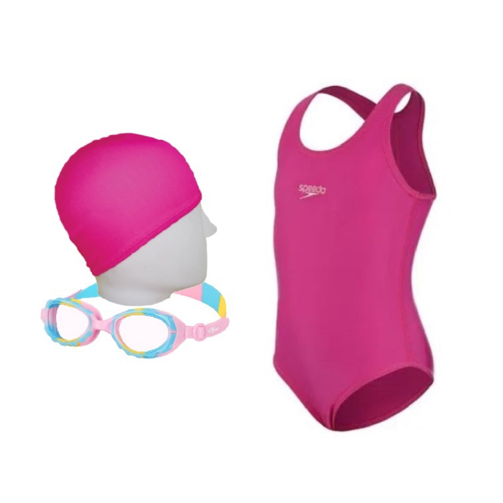 Kit Natação Speedo Maiô Vital Infantil Lycra + Óculos Candy Antiembaçante + Touca Tecido 4 a 8 Anos