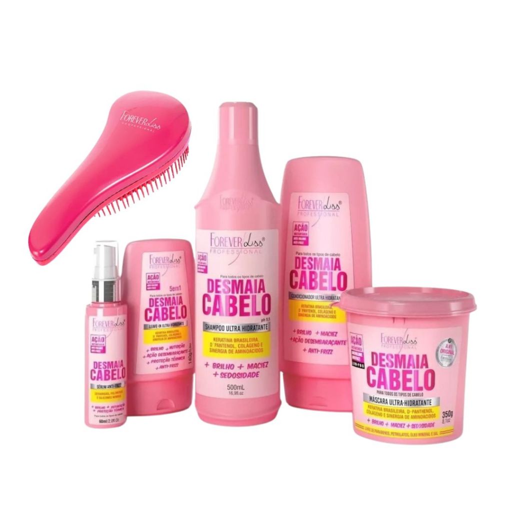 Kit Desmaia Cabelo Completo Com Shampoo de 500ml + Escova Desembaraçadora Forever Liss