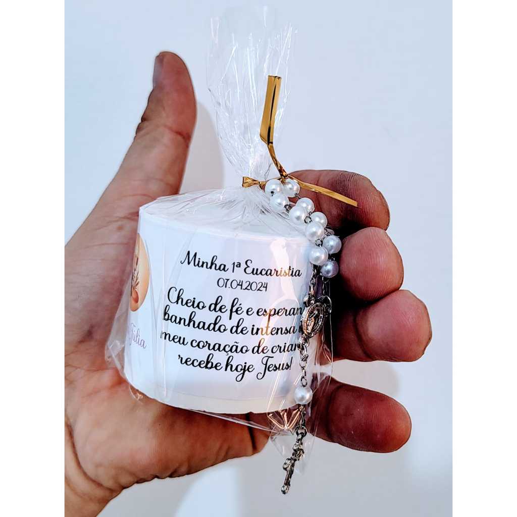 Kit 10 Velas Personalizadas + Mini Terço|Lembrancinha Batizado, Batismo, Crisma e Primeira Comunhão