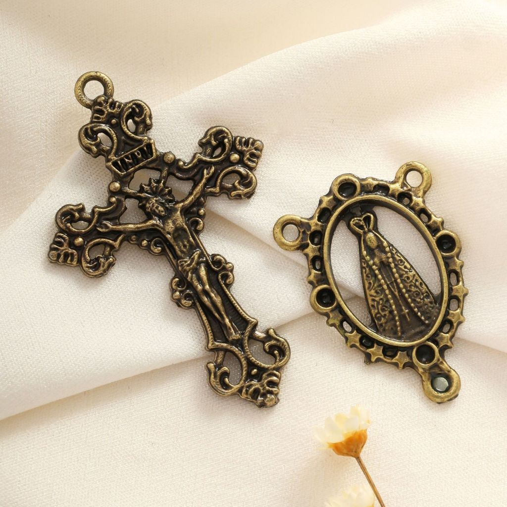 Entremeio Para Terço Nossa Senhora Aparecida + Crucifixo Ouro Velho Alta Qualidade Asas da Fé