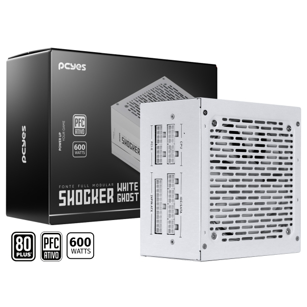 Fonte de Alimentação Gamer Pcyes Shocker 600W Branca 80 Plus White Full Modular 
