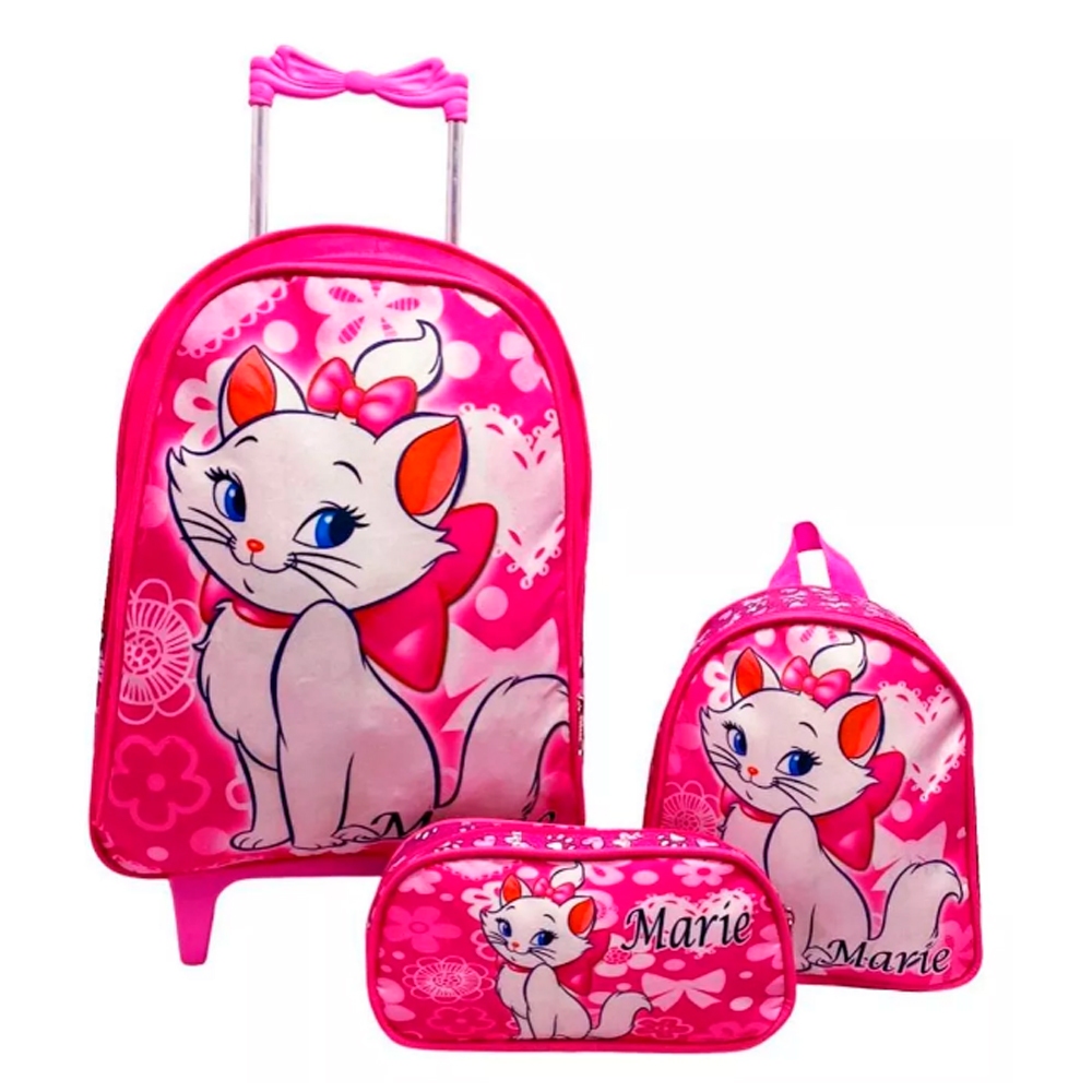 Kit Mochila Infantil Escolar com Rodinhas Vários Personagens + Lancheira Térmica + Estojo Escolar Gata Marie, Patrulha Canina, Princesas Disney,  Minnie, Encanto, A Bela e a Fera, Masha e o Urso, Ariel, Luccas Neto, Unicórnio, Princesinha Sofia