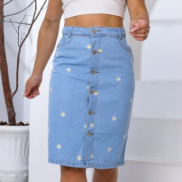 Saia MIDI jeans com estampa bordada em Oferta na Shopee