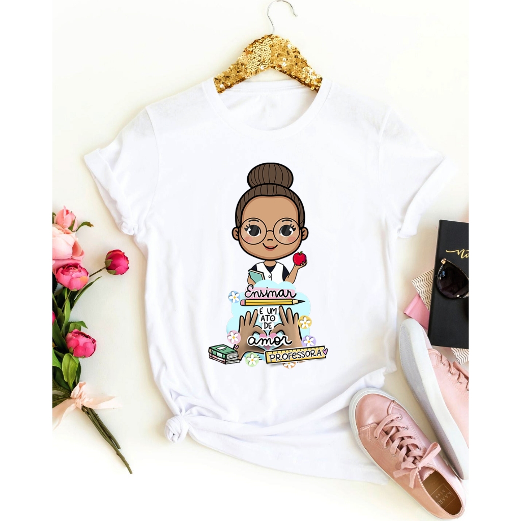 Blusinhas professora com nome confortável educação infantil camiseta plus size feminina babylook