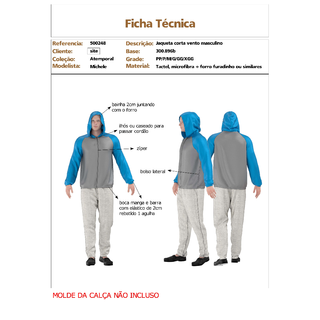 Molde / Modelagem Jaqueta /Corta vento masculina IMPRESSO TAMANHO REAL E CADA TAMANHO SEPARADO