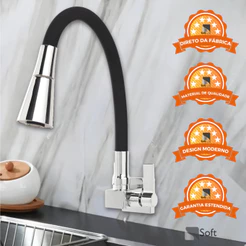 Torneira Cozinha Flexível Quadrada Parede Cone Preto/Cromo