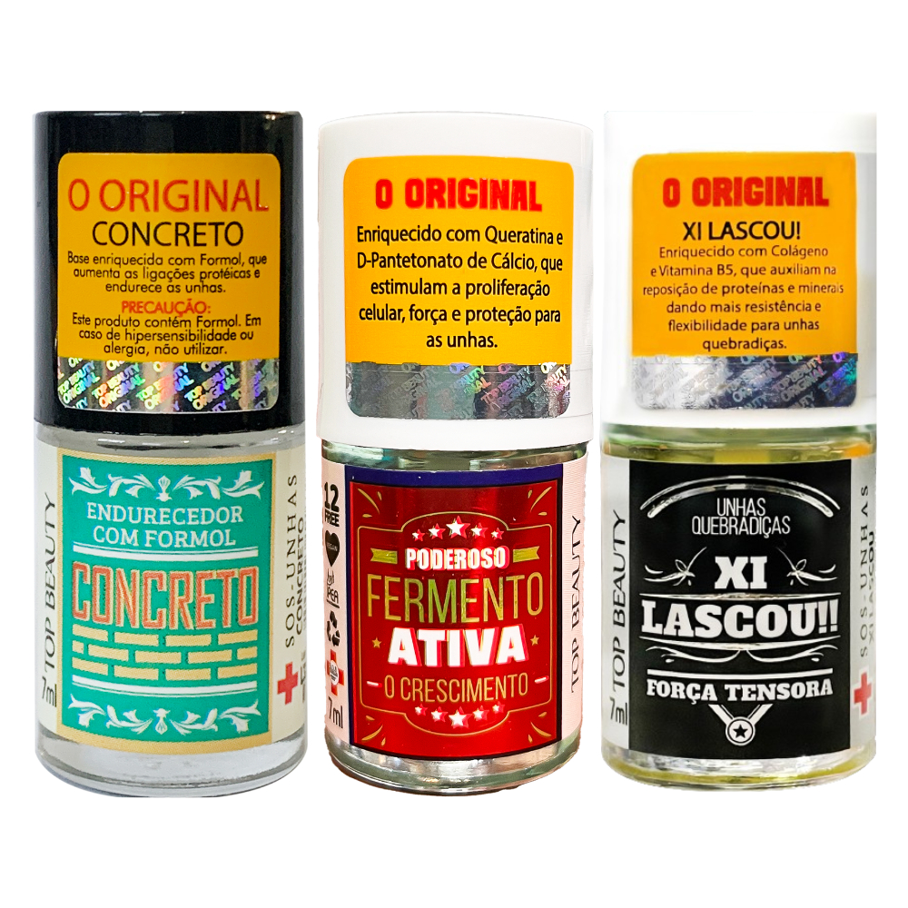 KIT S.O.S UNHAS TRATAMENTO 3 BASES TOP BEAUTY - CONCRETO + FERMENTO + XI LASCOU FORÇ em Oferta na Shopee