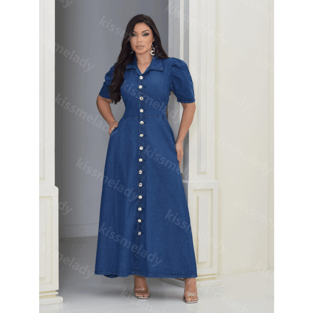 Anaoffice 928 vestido jeans feminina longa manga bufante 928