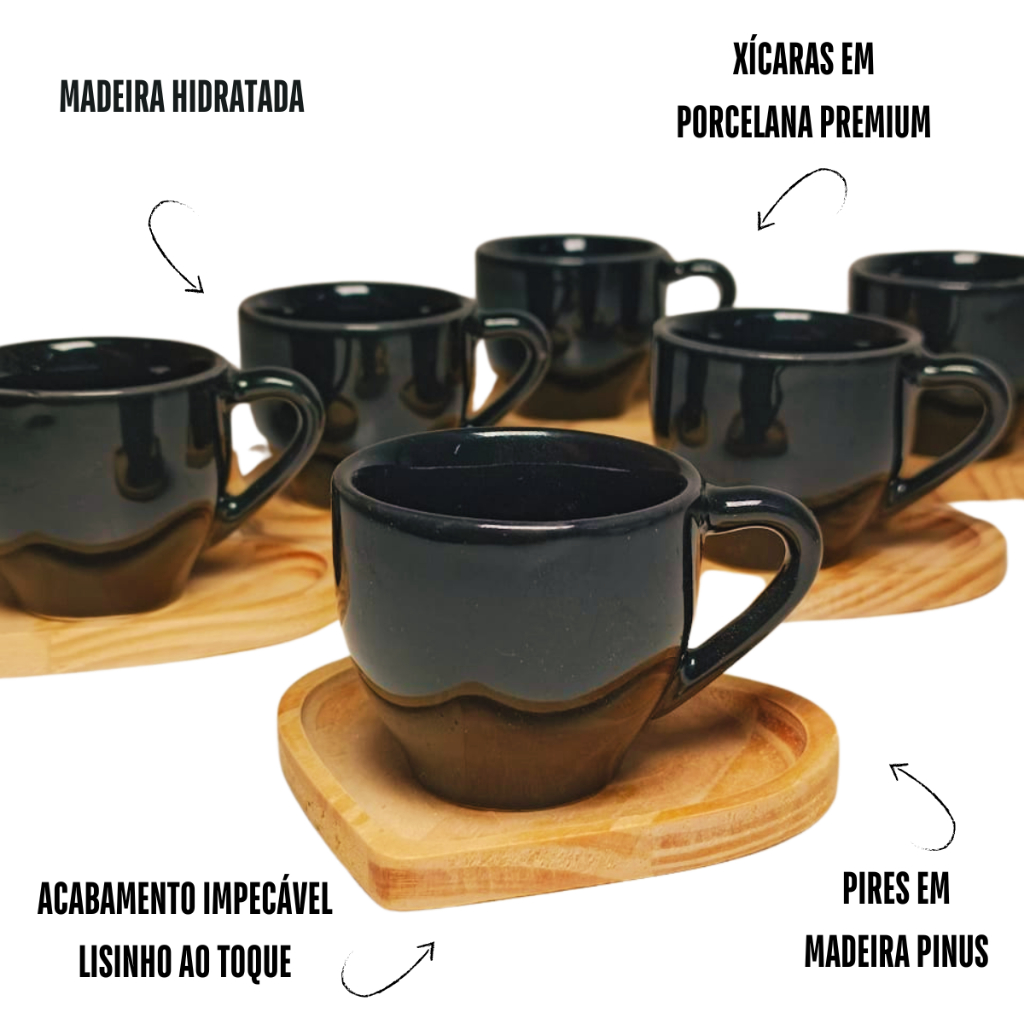 Kit Jogo 6 Xícaras de Café Em Porcelana Com Pires Em Madeira Pinus Coração