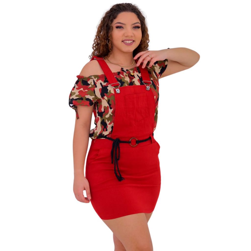 Jardineira Feminina Saia Curta 34 ao GG Salopete Com Suspensório Zíper e Bolsos Vestido Casual Lycra