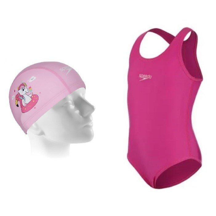 Kit Natação Speedo Maiô Vital Infantil Lycra + Touca Tecido Fun Cap Unicórnio 4 Anos