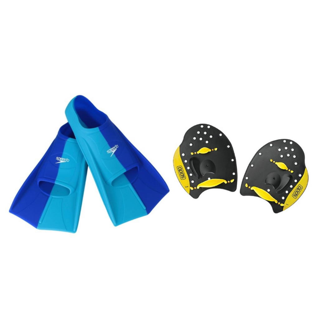 Kit Natação Speedo Nadadeira Dual Swim Fin Pé de Pato + Palmar Power Paddles Treinamento