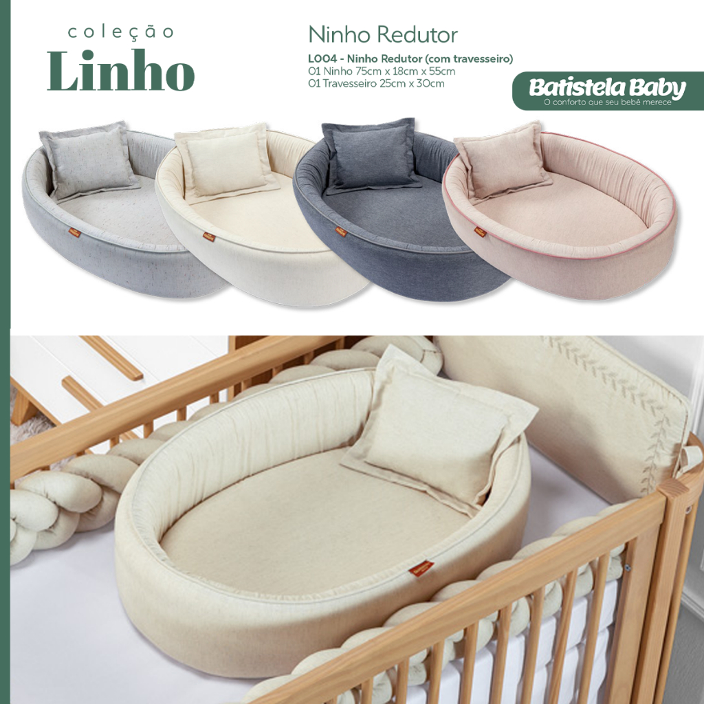 Ninho Redutor De Berço Com Travesseiro Linho 100% Algodão Menino Menina Batistela Baby