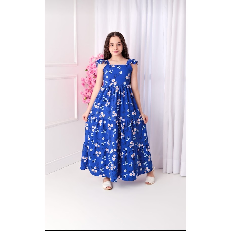 Vestido Juvenil Duna Moda Evangélica Vestido Longo 3 Marias Floral Flores (VInf009)