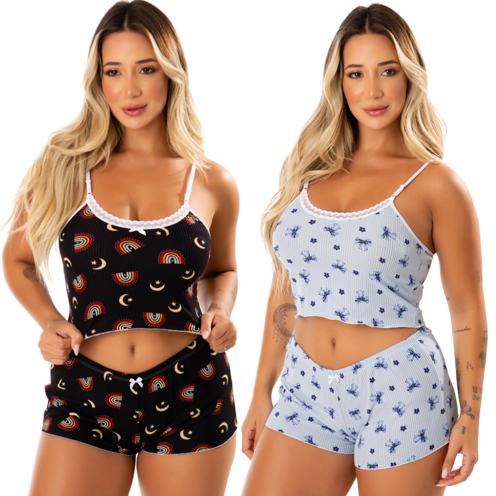 Kit 2 Short Doll Estampado Baby Doll Camisete Conjunto Pijama Alça Regulável Feminino Alcinha Noite