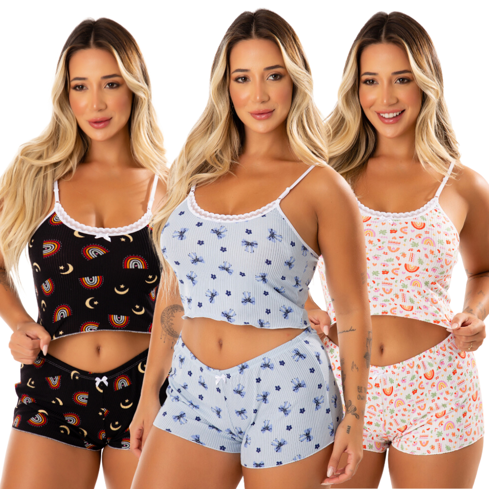 Kit 3 Short Doll Estampado Conjunto Pijama Baby Doll Camisete Alça Regulável Feminino Alcinha Noite