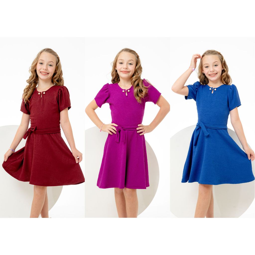 VESTIDO PÉROLA INFANTIL MANGA PRINCESA COM APLIQUE DE PÉROLA NA GOLA MODA FEMININA CRISTÃ - ROSANA FASHION