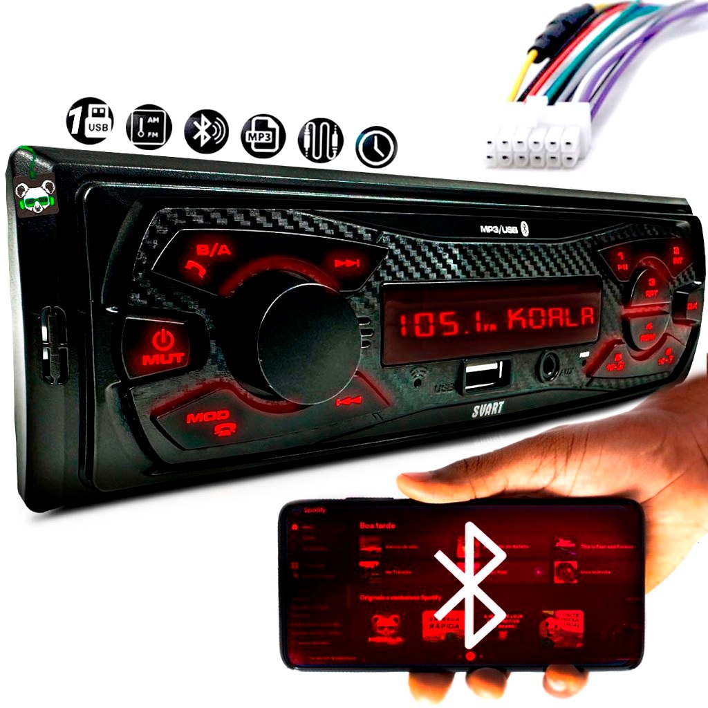 Rádio Som Automotivo MP3 Bluetooth USB Display Led Vermelho 1 Din Svart Tech One em Oferta na Shopee