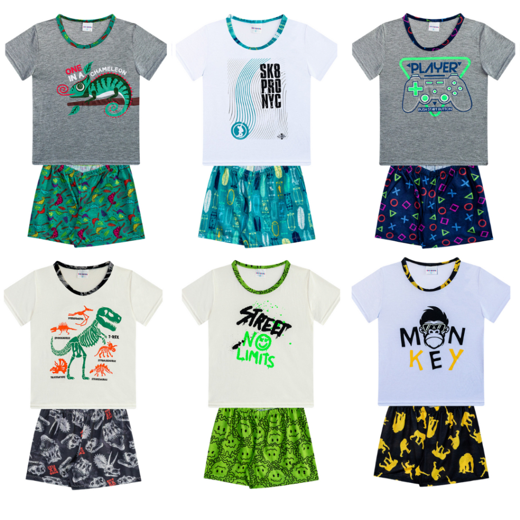 Kit Sortido 4 Pijamas 4 Camisetas + 4 Bermudas Masculino/Menino Infantil Juvenil Verão 03 ao 16