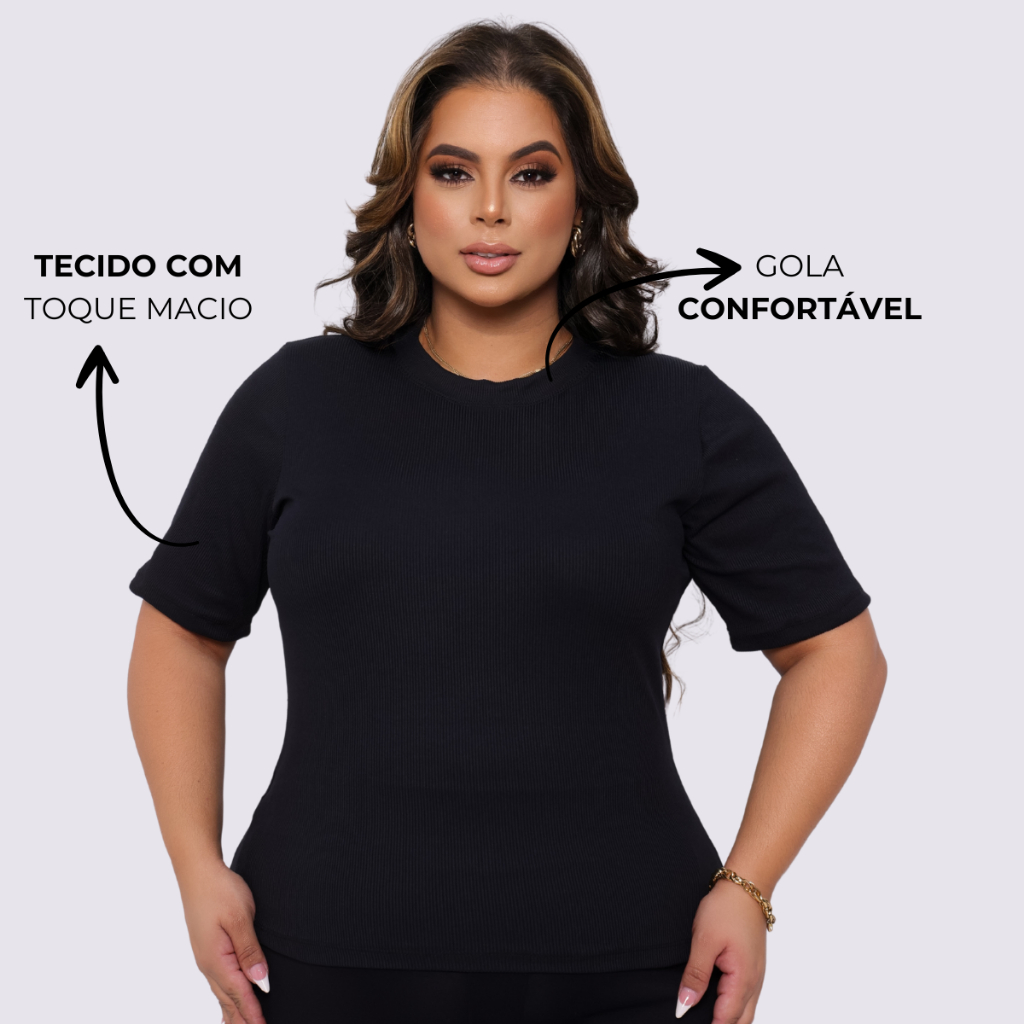 Camiseta Plus size Blusa Canelada Feminina Manga Curta Evangelica Elegante Até G3