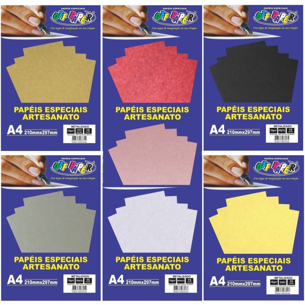 Papel Metalizado Perolado A4 150g Off Paper 15 Folhas Cores