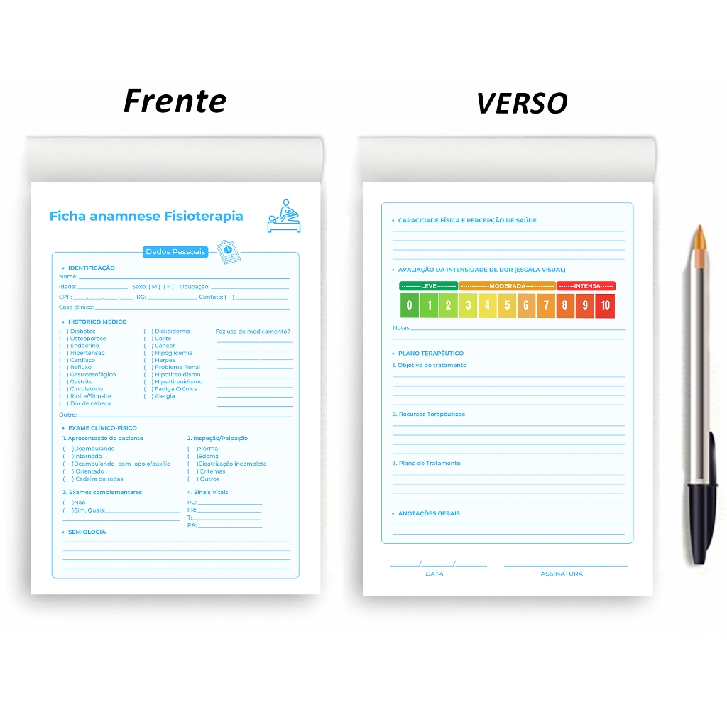 BLOCO FICHA DE ANAMNESE FISIOTERAPIA COM 100 FOLHAS FRENTE E VERSO A5 14X21CM DESTACÁVEL — imagem 2 de 2