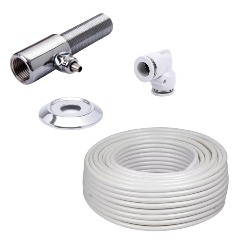 Kit Alongador de Torneira com Rosca Macho e Fêmea de 1/2 com Canopla e Saída 1/4 + Mangueira Atóxica 1/4 + Engate Rápido L 1/4 Ideal para Instalação na Rete Hidráulica de Água para Filtros, Purificadores e Aquários