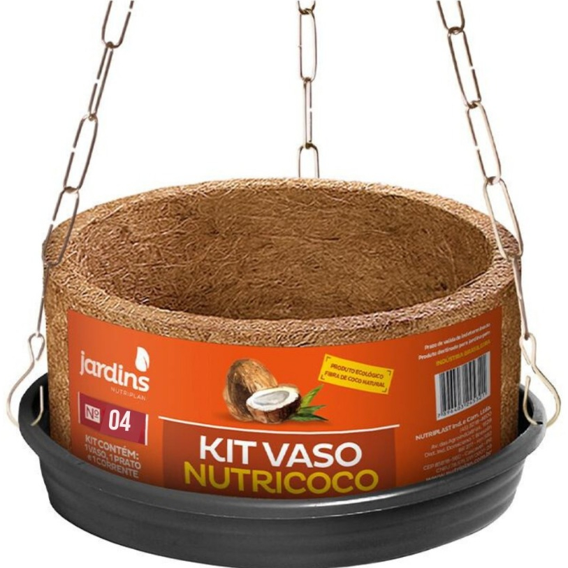 2X Vaso Fibra Coco Orquidea Nº4 Com Prato E Corrente 01 Kit Pendurar Xaxim Samambaia Flores Bromelia