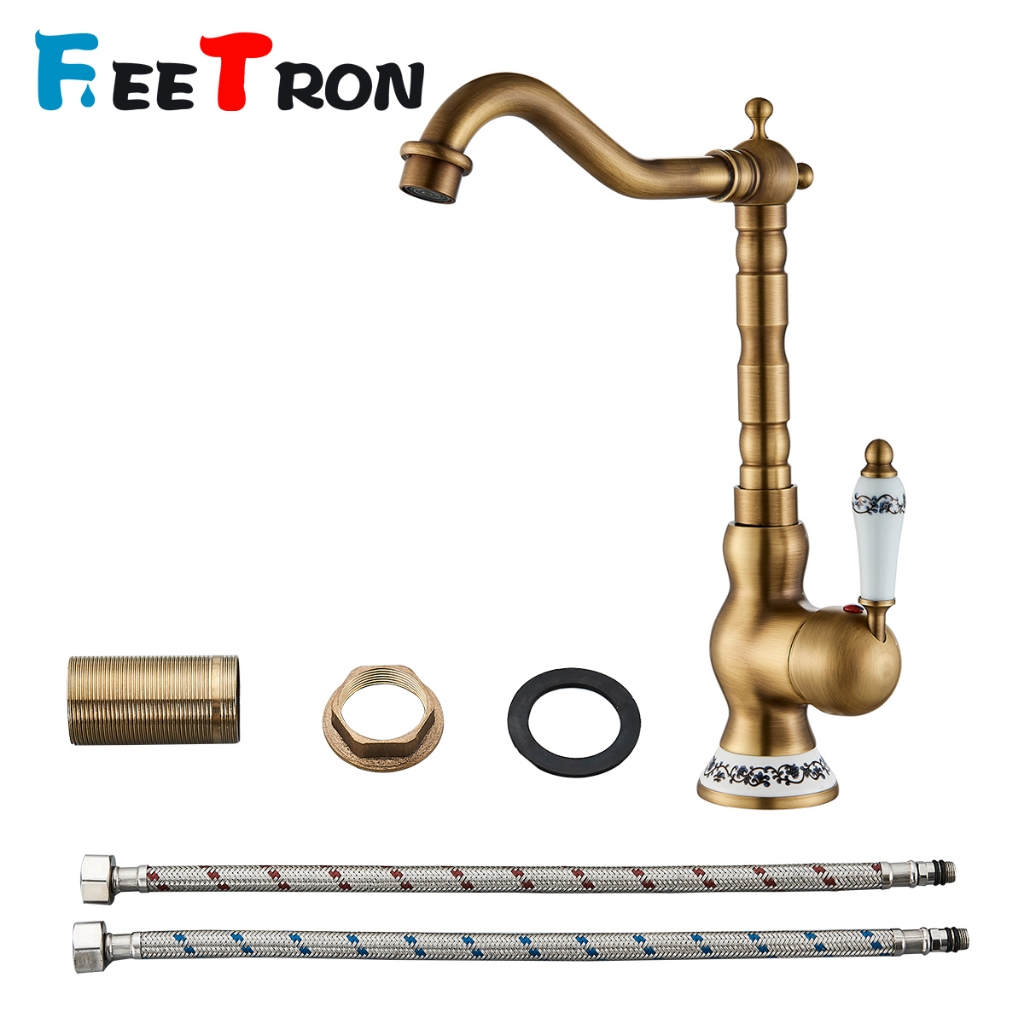 Torneira de água quente e fria de pia alta para banheiro com manípulo único em latão antigo em Oferta na Shopee