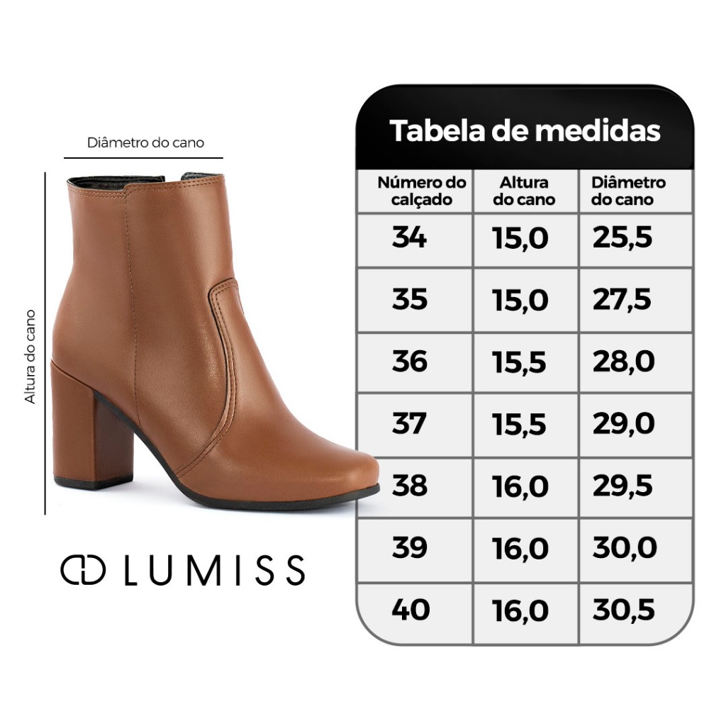Bota Feminina Lumiss Cano Curto Bico Quadrado Salto Alto Grosso Confortável Caramelo · foto 2