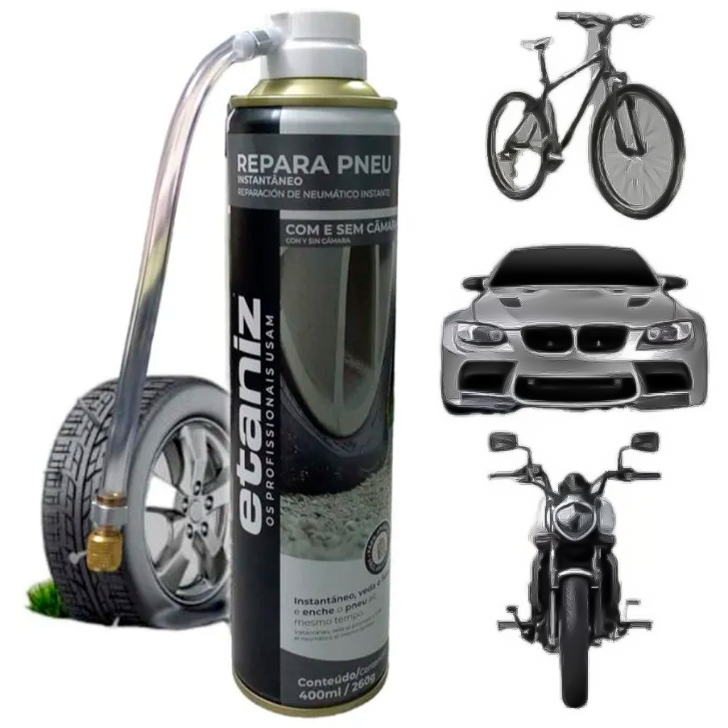 Reparador De Pneu Spray Instantâneo Furo 400ML 260G Carro - Bike - Moto Multiuso