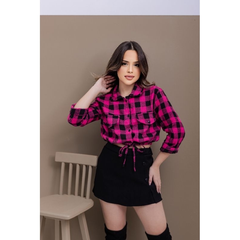 Conjunto Xadrez Infantil E Juvenil Menina Short Saia Preto E Blusa quadriculada Flanelada Inverno Festa Junina e rodeio.