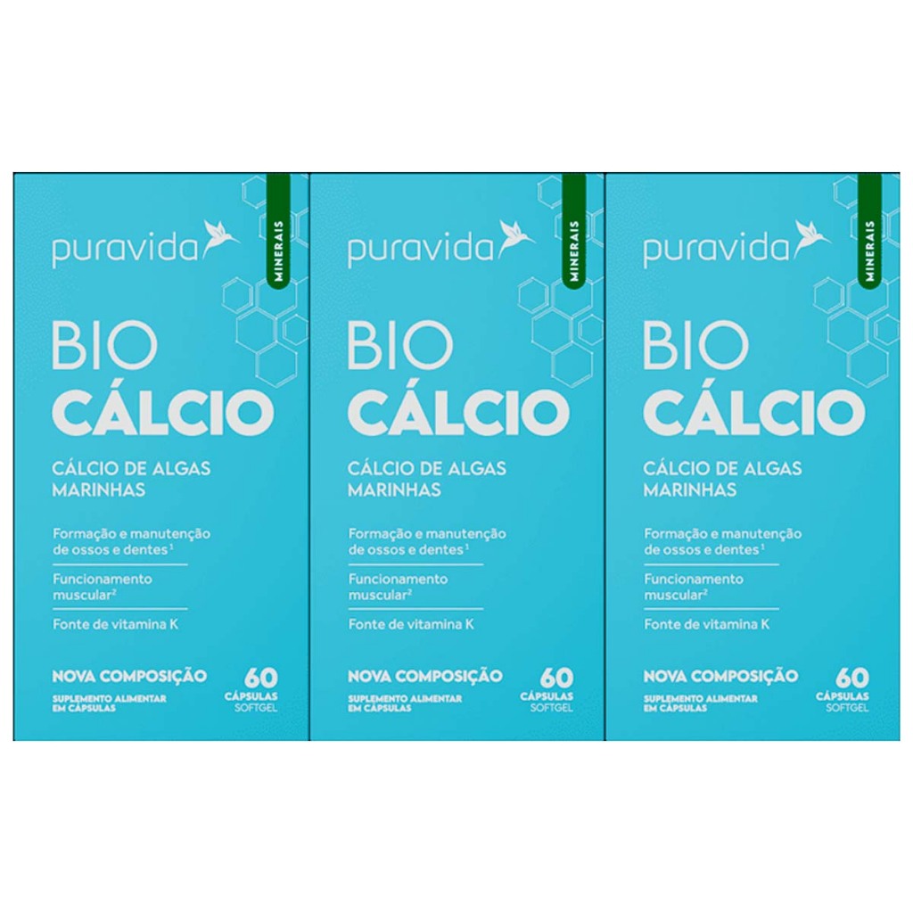 3x Bio Cálcio Marinho +vitamina D3 + K2 60caps Puravida Full