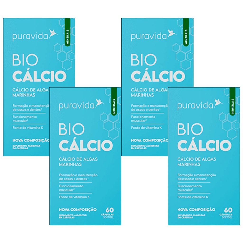 4x  Bio Cálcio Marinho +vitamina D3 + K2 60caps Puravida Full