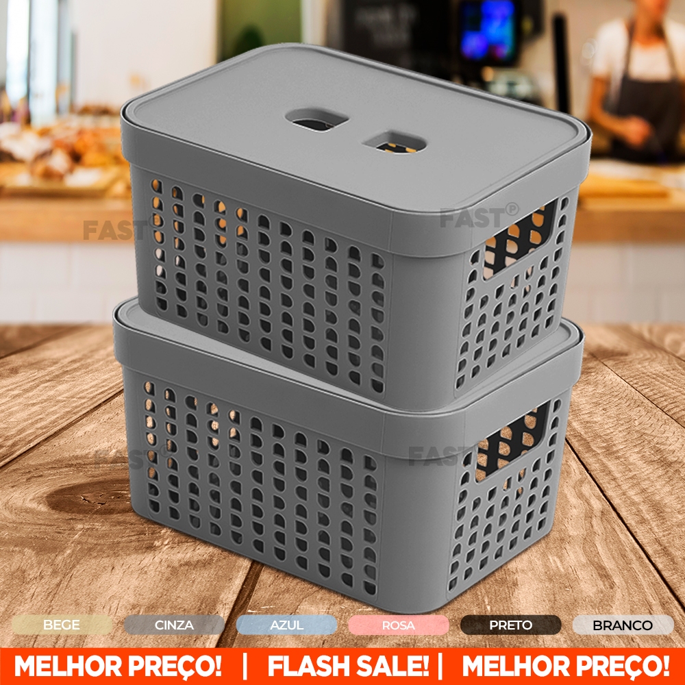 Kit 2 Cesto Organizador Rattan 2L Caixa C/ Tampa Plástico Resistente Organiza Gaveta Armár...